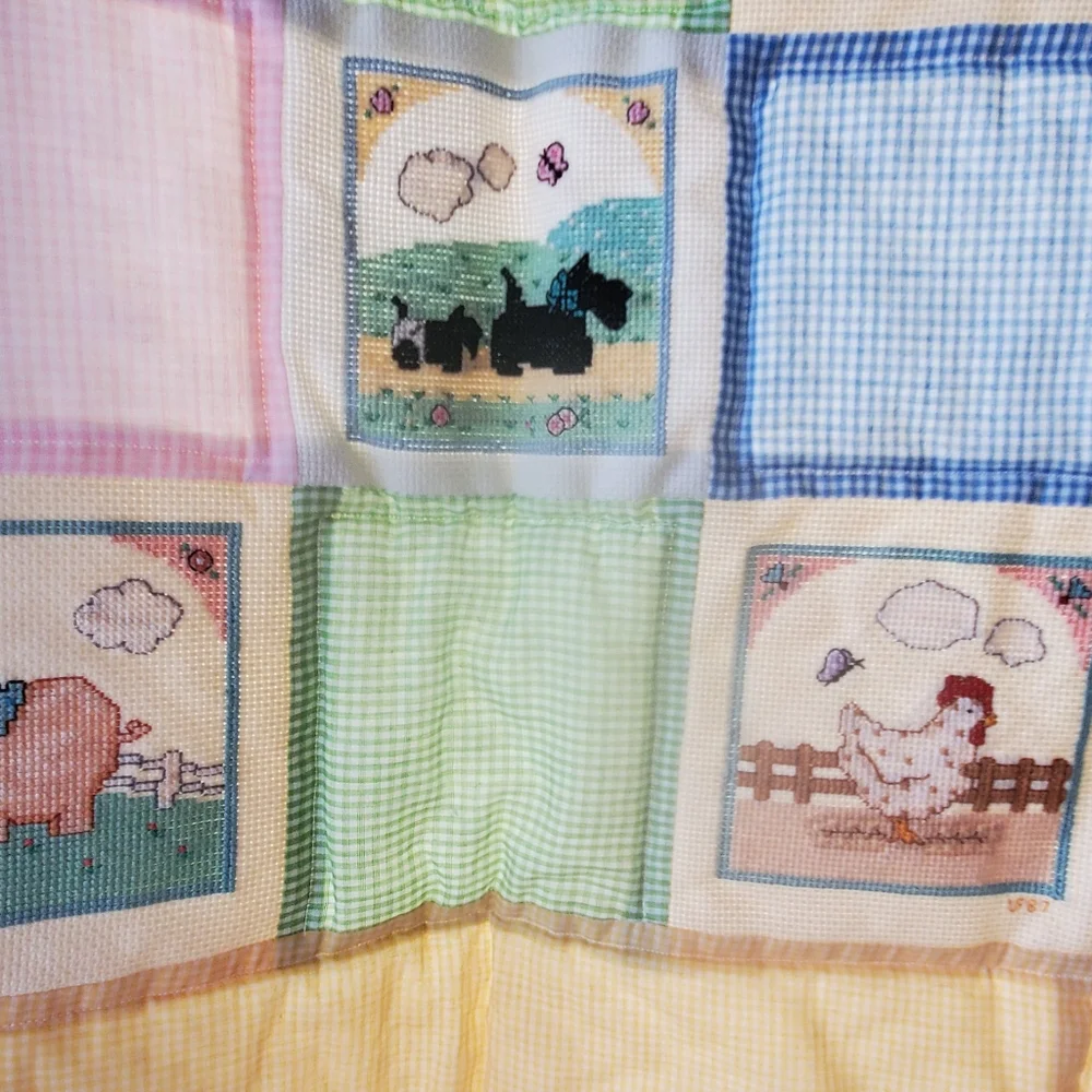 VTG Embroidered Baby Quilt 33x42 Cross Stitch 1980s Farm Animals Gingham Crib
